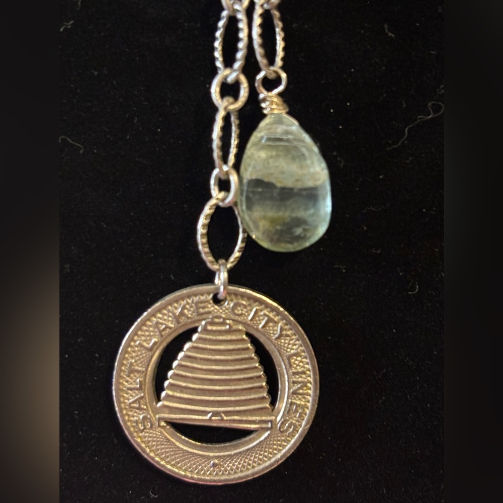 Chic SLC Trolly Silver Token and Moss Aquamarine Pendant Necklace